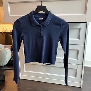 Navy Blue Polo Collar Women's Top (Cropped)